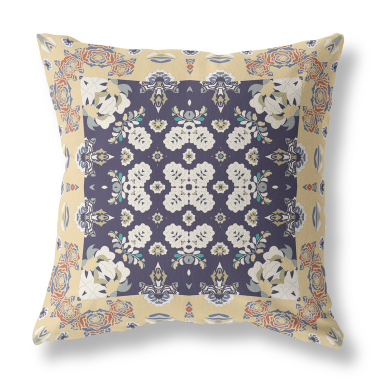 16" X 16" Yellow And Navy Floral Blown Seam Suede Throw Pillow