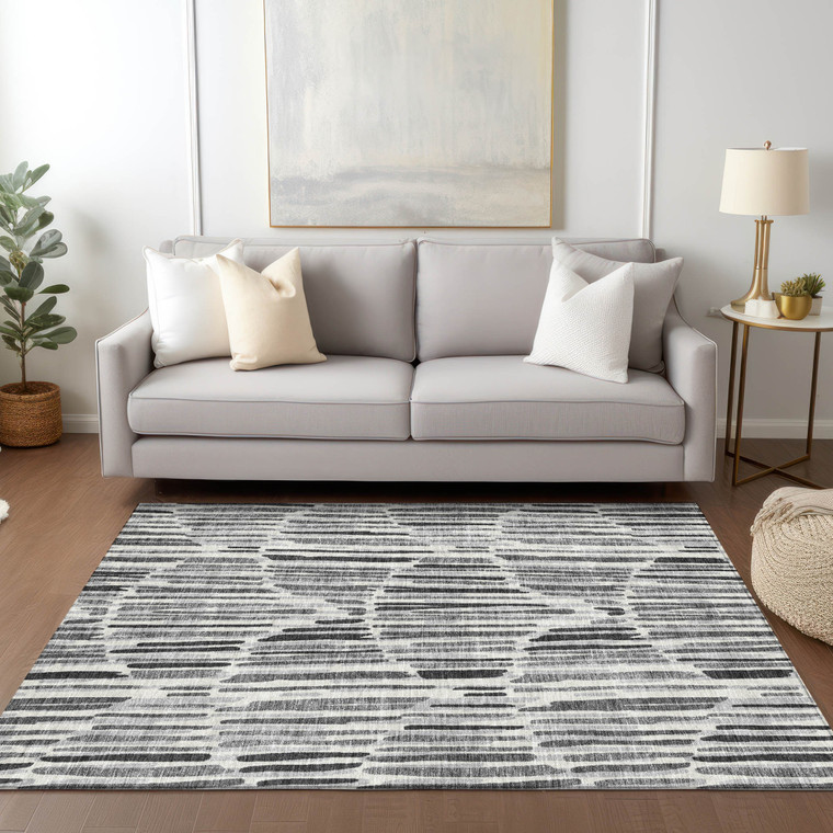 5' X 8' Gray Ivory And Charcoal Abstract Washable Indoor Outdoor Area Rug