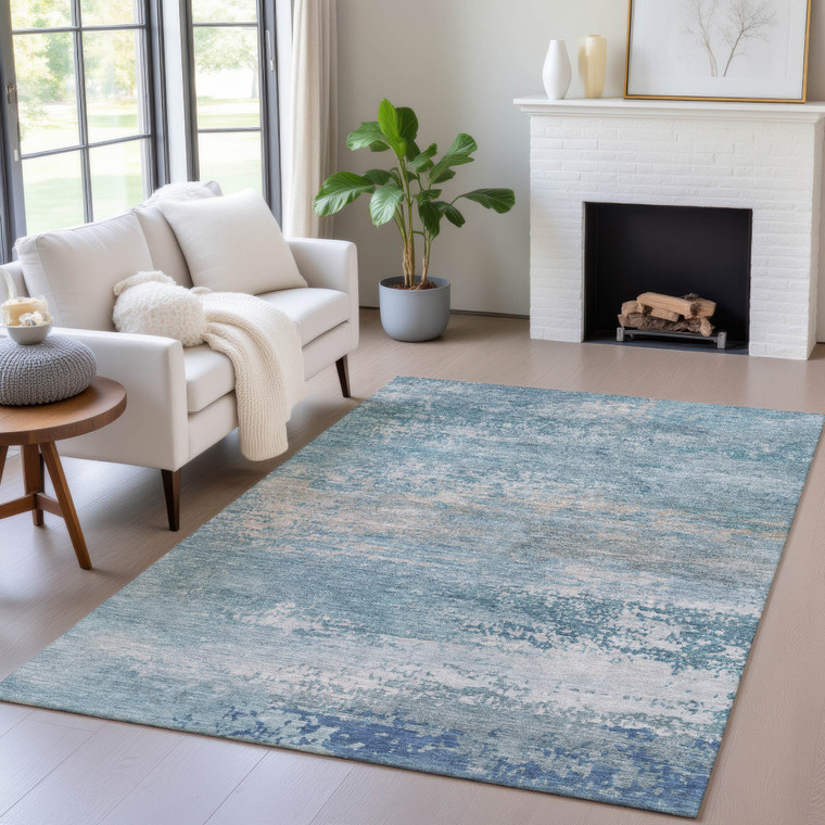 3' X 5' Sky Blue And Gray Abstract Washable Indoor Outdoor Area Rug - Sky Blue, Gray