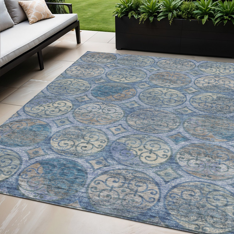 5' X 8' Navy Blue And Sky Blue Trellis Washable Indoor Outdoor Area Rug