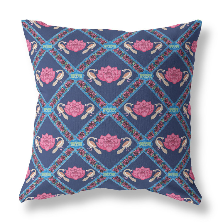 26" X 26" Indigo And Pink Blown Seam Geometric Indoor Outdoor Throw Pillow