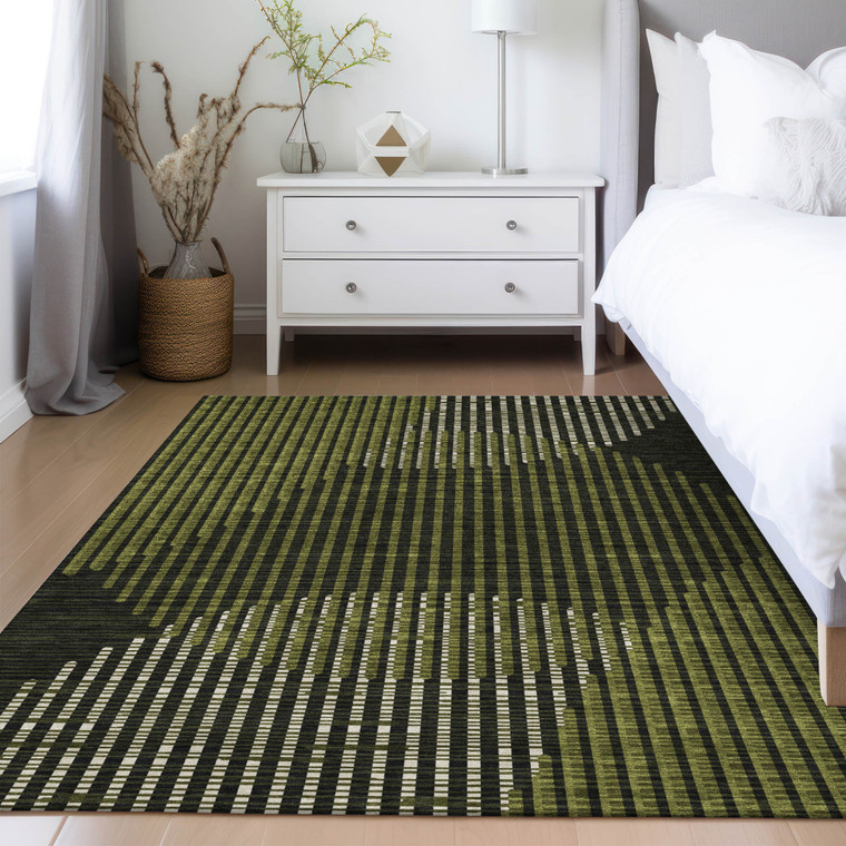 3' X 5' Olive Green And Black Geometric Washable Indoor Outdoor Area Rug