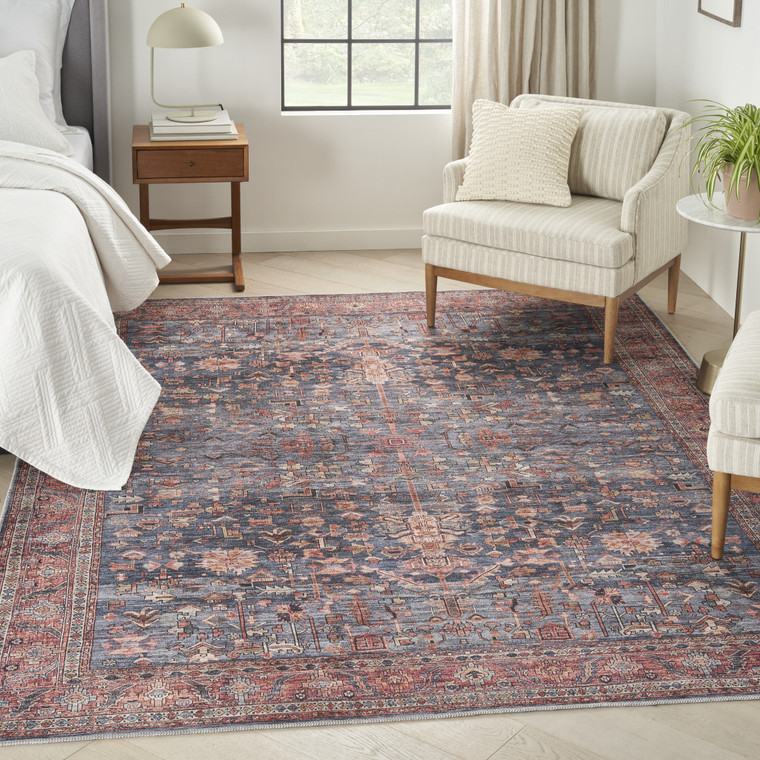 8' X 10' Blue and Red Oriental Power Loom Distressed Washable Non Skid Area Rug Polyester