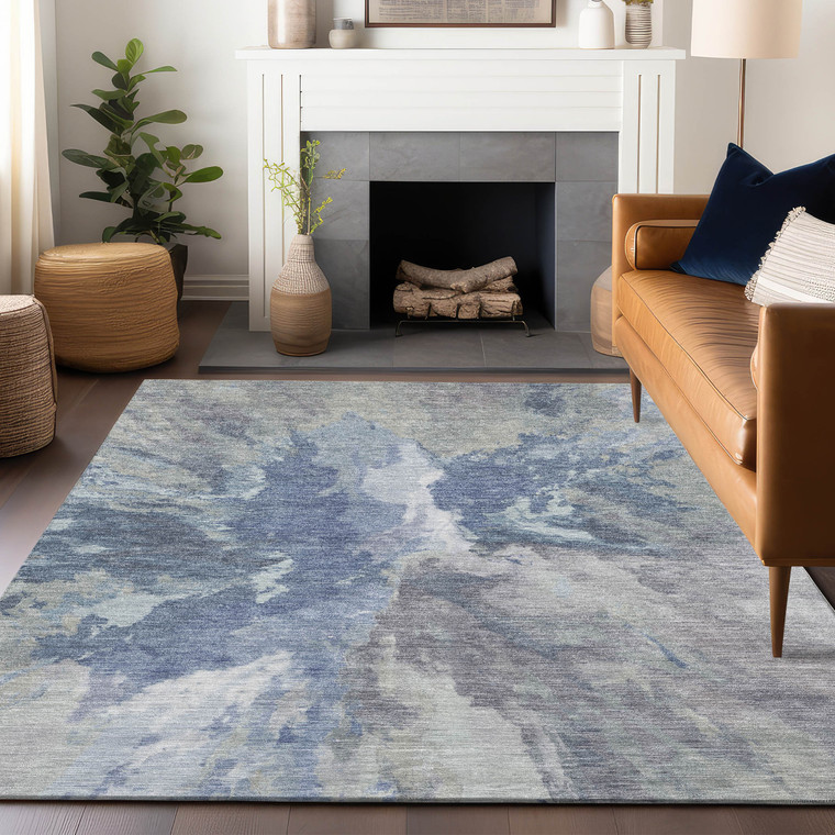 5' X 8' Denim Blue And Linen Abstract Washable Indoor Outdoor Area Rug
