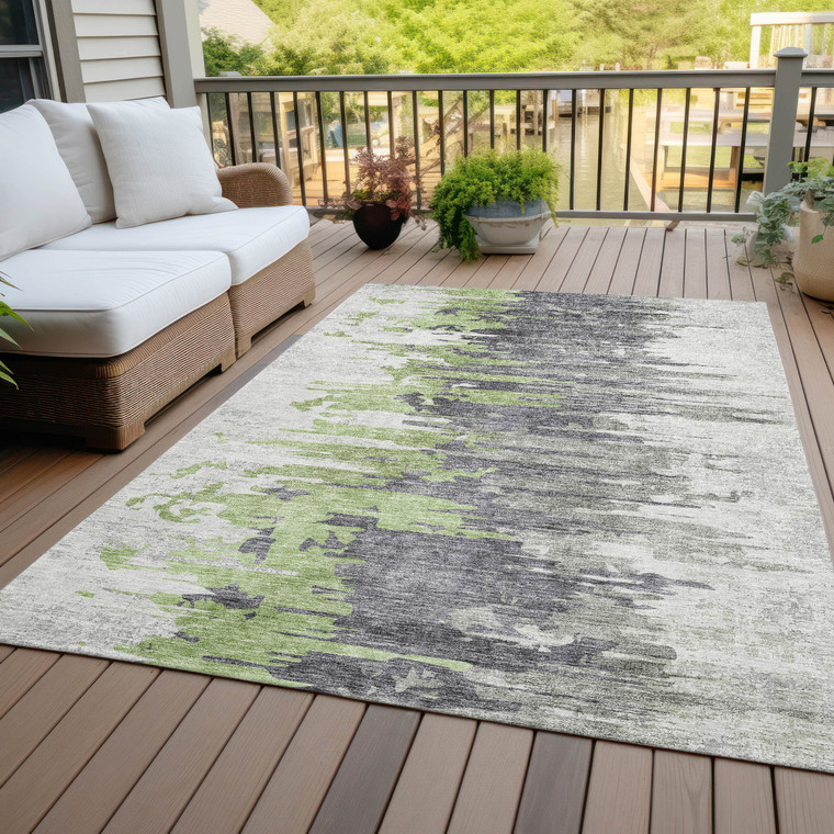 3' X 5' Green And Silver Abstract Washable Indoor Outdoor Area Rug