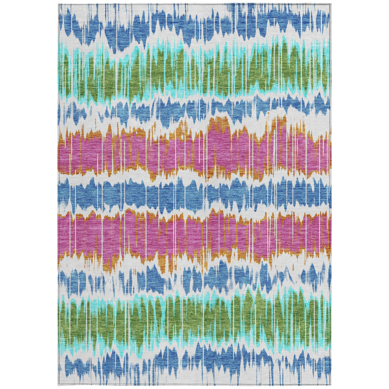 5' X 8' White Blue And Pink Striped Washable Indoor Outdoor Area Rug
