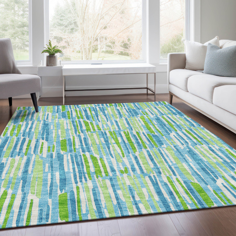3' X 5' Aqua Teal Blue And Lime Green Abstract Washable Indoor Outdoor Area Rug