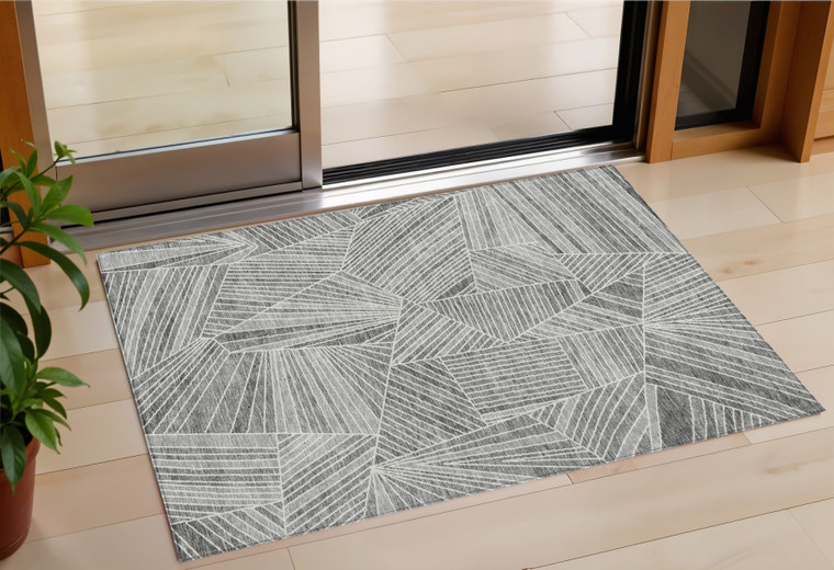 3' X 5' Gray And Ivory Geometric Washable Indoor Outdoor Area Rug Transitional Style - Gray, Ivory Color