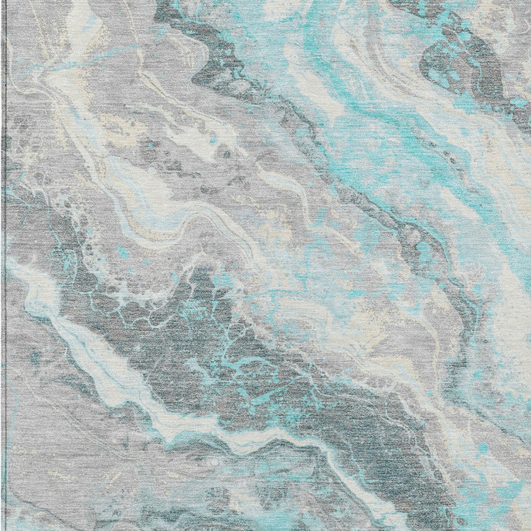 5' X 8' Teal Blue And Silver Abstract Washable Indoor Outdoor Area Rug