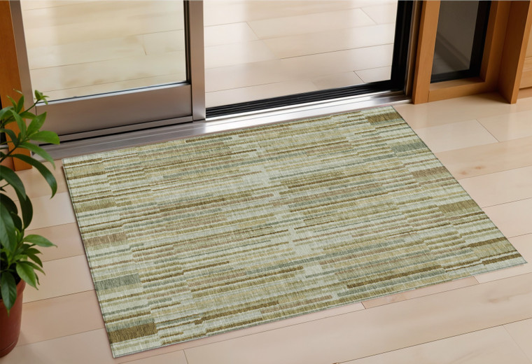 3' X 5' Khaki And Olive Green Striped Washable Indoor Outdoor Area Rug
