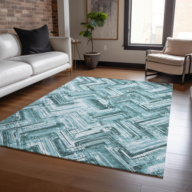 3' X 5' Teal Blue Aqua And Ivory Geometric Washable Indoor Outdoor Area Rug - Teal Blue, Aqua, Ivory