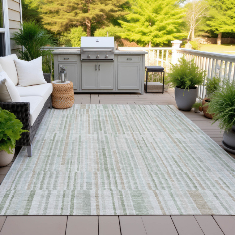 5' X 8' Sage And Ivory Striped Washable Indoor Outdoor Area Rug - Sage, Ivory