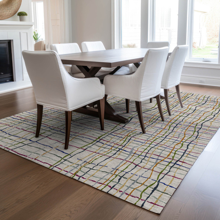 5' X 8' Ivory Pink And Copper Striped Washable Indoor Outdoor Area Rug