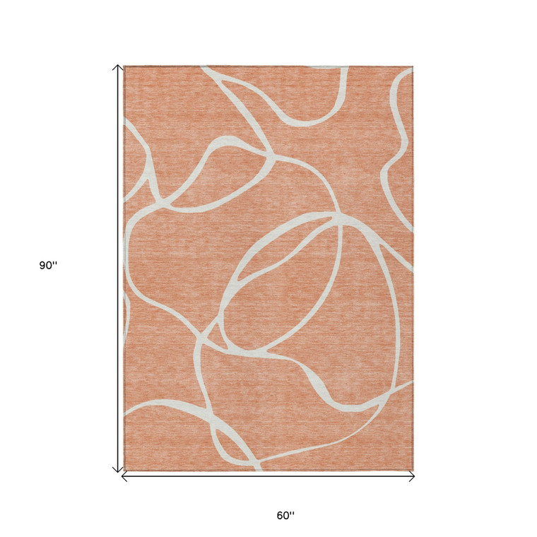 5' X 8' Salmon And Ivory Abstract Washable Indoor Outdoor Area Rug Transitional Style - Salmon, Ivory Color