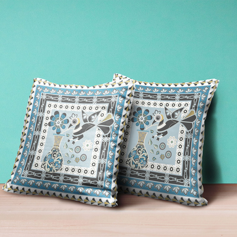 20" x 20" Blue and White Peacock Blown Seam Floral Indoor Outdoor Throw Pillow - 606114754220