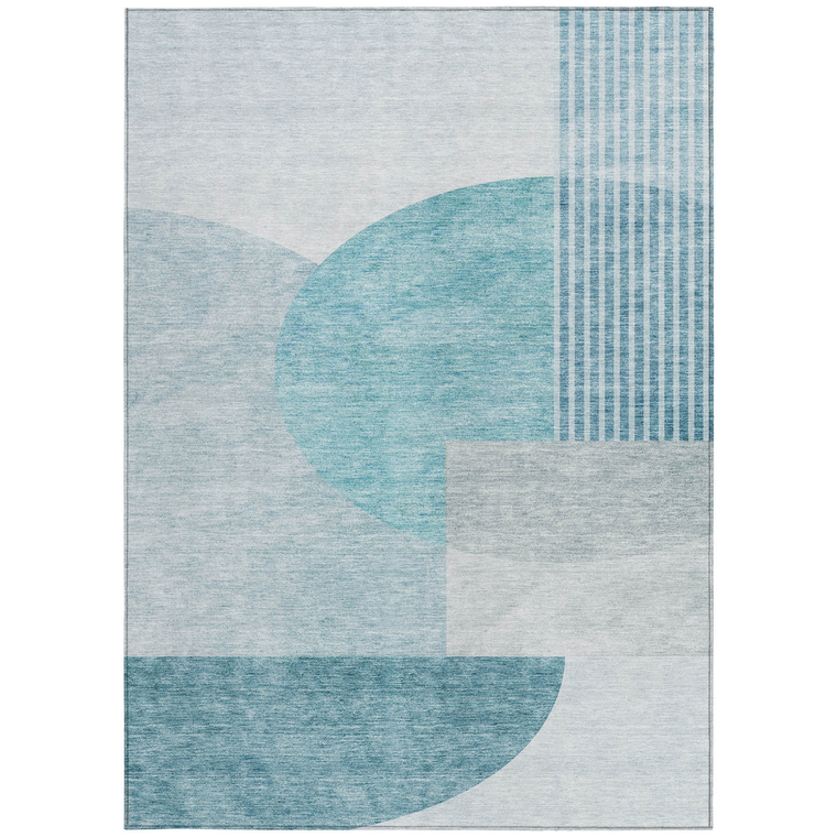 5' X 8' Teal Blue And Silver Geometric Washable Indoor Outdoor Area Rug