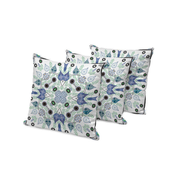 Set of Three 16" X 16" Blue and Off White Blown Seam Paisley Indoor Outdoor Throw Pillow Polyester