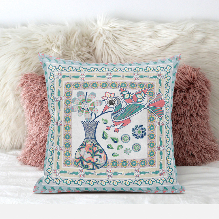 26" X 26" White And Blue Bird Blown Seam Floral Indoor Outdoor Throw Pillow - 606114676102