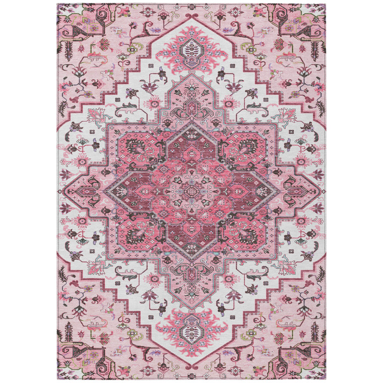5' X 8' Pink Ivory And Gray Oriental Washable Indoor Outdoor Area Rug