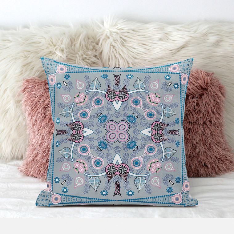 26" X 26" Grey And Pink Blown Seam Floral Indoor Outdoor Throw Pillow - 606114676713