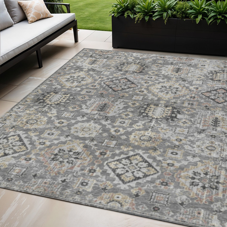 5' X 8' Gray And Copper Floral Medallion Washable Indoor Outdoor Area Rug
