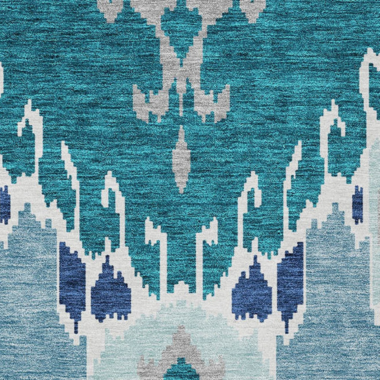 3' X 5' Teal Blue Navy Blue And Gray Ikat Washable Indoor Outdoor Area Rug