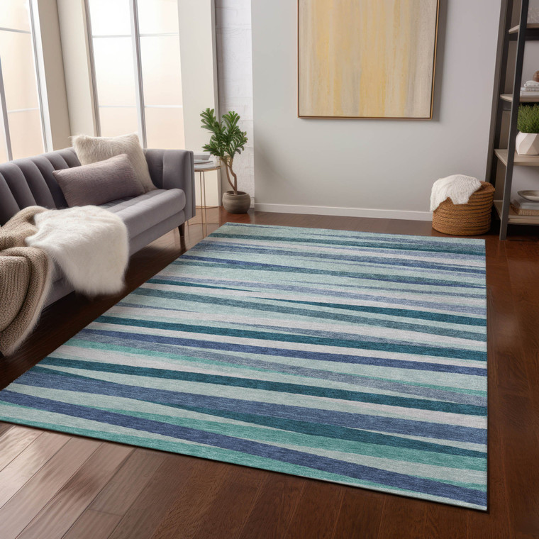 5' X 8' Teal Blue Gray And Ivory Striped Washable Indoor Outdoor Area Rug - Teal Blue, Gray, Ivory