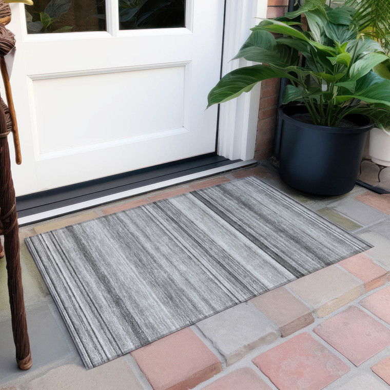 2' X 3' Gray Striped Washable Non Skid Indoor Outdoor Area Rug - 608219176839