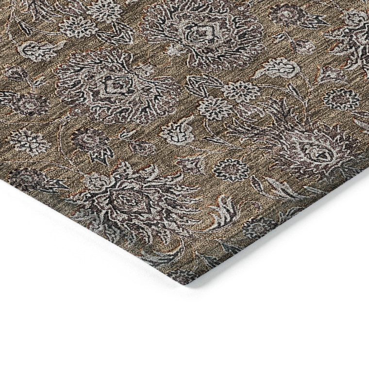 3' X 5' Chocolate And Gray Floral Washable Indoor Outdoor Area Rug