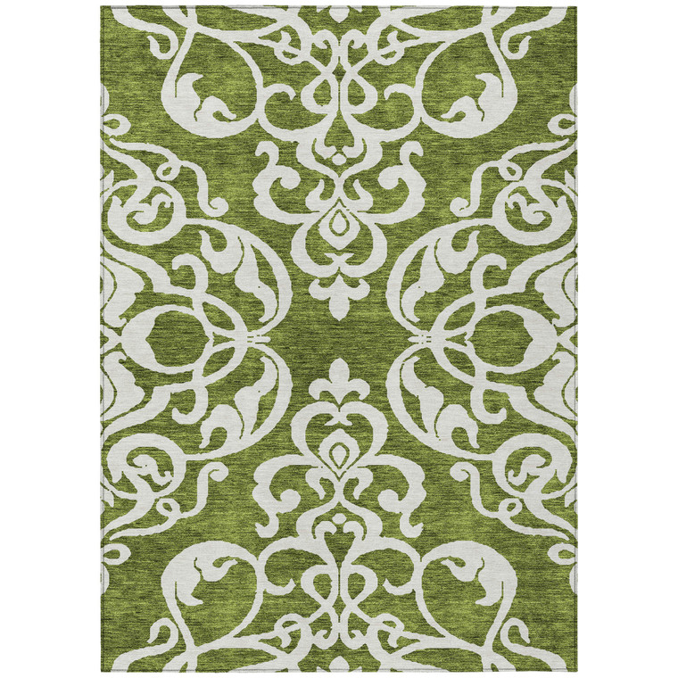 3' X 5' Green And Ivory Damask Washable Indoor Outdoor Area Rug - Green, Ivory