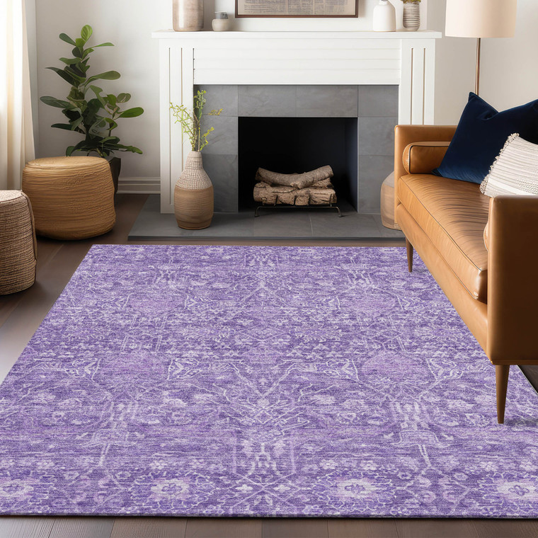 5' X 8' Plum And Lavender Floral Washable Indoor Outdoor Area Rug