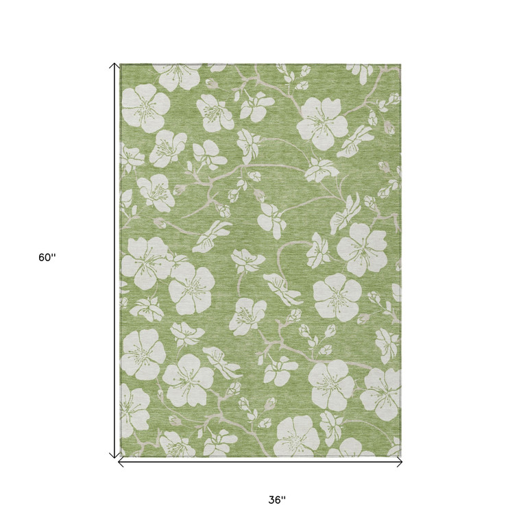 3' X 5' Artichoke Green And Ivory Floral Washable Indoor Outdoor Area Rug Transitional Style - Artichoke Green, Ivory Color