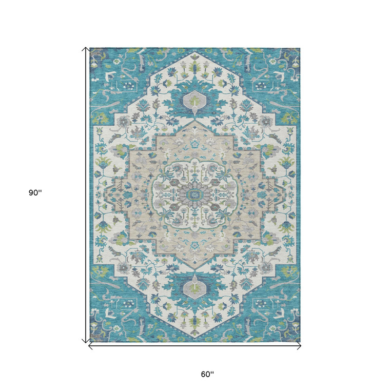 5' X 8' Teal Blue Green And Ivory Oriental Washable Indoor Outdoor Area Rug