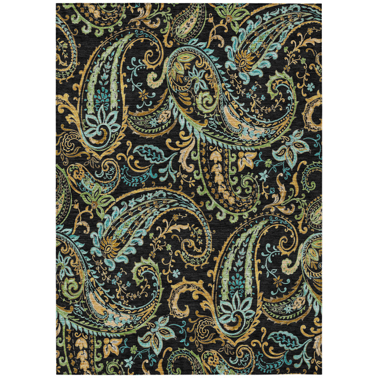 5' X 8' Black and Gold Paisley Washable Non Skid Indoor Outdoor Area Rug