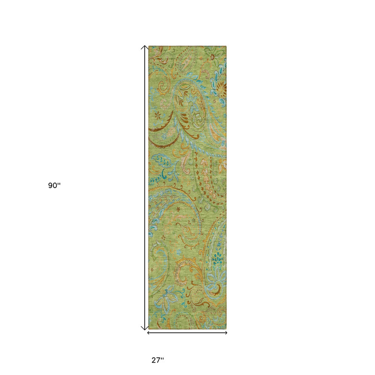 2' X 8' Artichoke Green Paisley Washable Indoor Outdoor Runner Rug