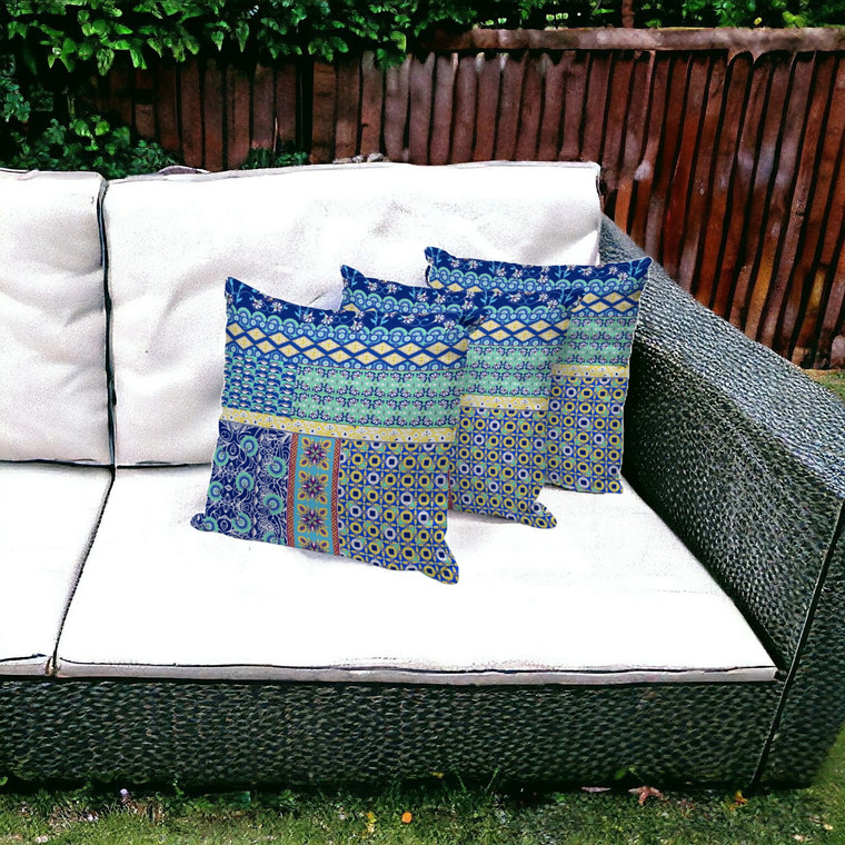 Set of Three 16" X 16" Blue and Yellow Botanical Indoor Outdoor Throw Pillow Polyester Home Accent