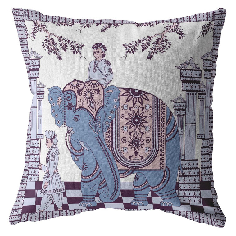 20” Blue Purple Ornate Elephant Indoor Outdoor Throw Pillow - 606114005797