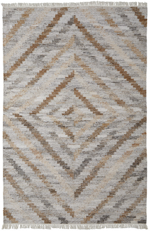 5' X 8' Gray And Brown Geometric Hand Woven Area Rug With Fringe