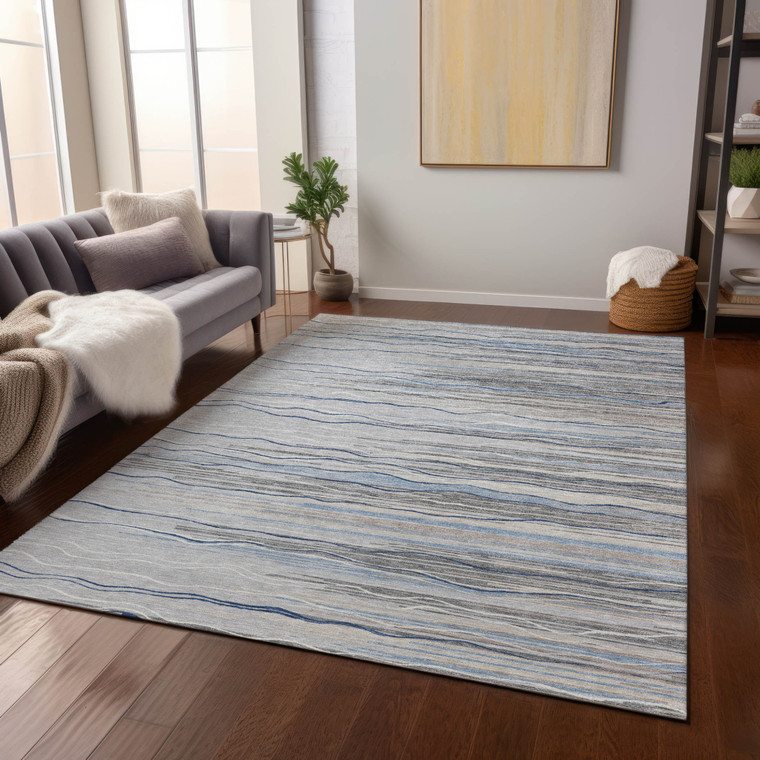 3' X 5' Gray Silver And Blue Striped Washable Indoor Outdoor Area Rug