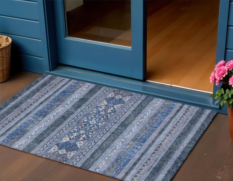 3' X 5' Navy Blue And Denim Blue Southwestern Washable Indoor Outdoor Area Rug