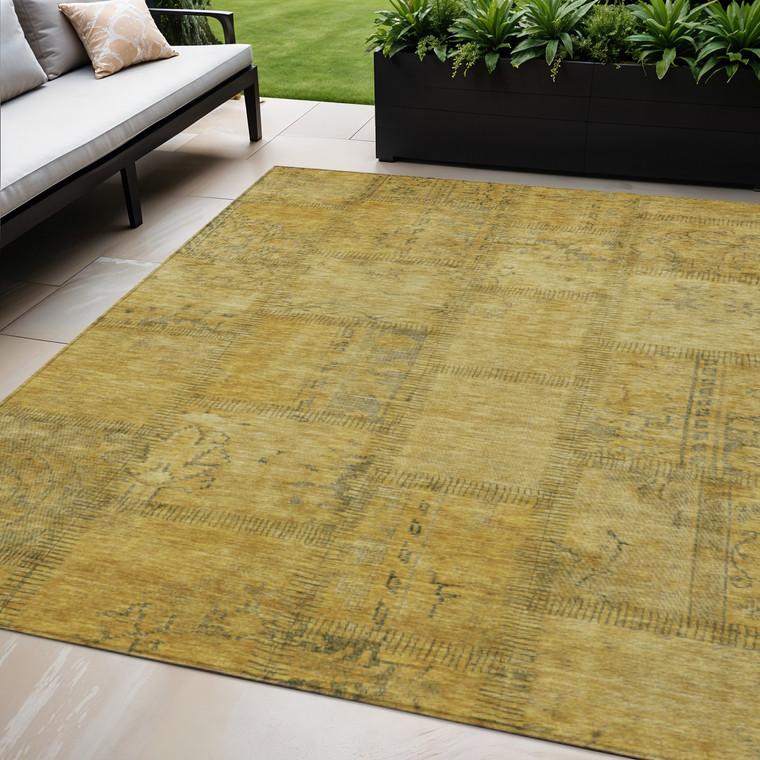 5' X 8' Gold Wheat And Gray Patchwork Washable Indoor Outdoor Area Rug