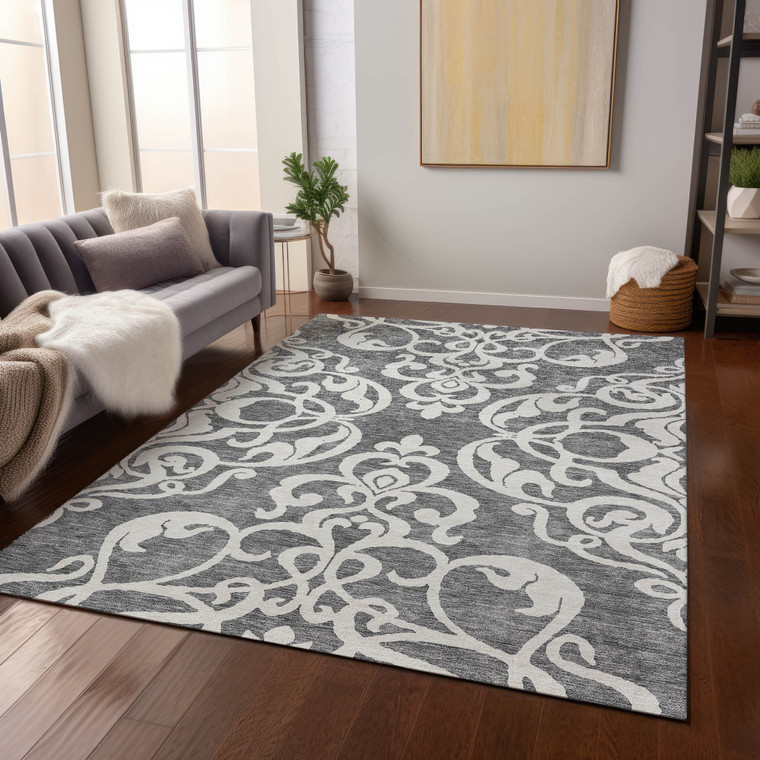 3' X 5' Gray And Ivory Damask Washable Indoor Outdoor Area Rug - Gray, Ivory
