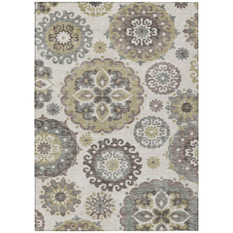 5' X 8' Beige Taupe And Brown Floral Medallion Washable Indoor Outdoor Area Rug
