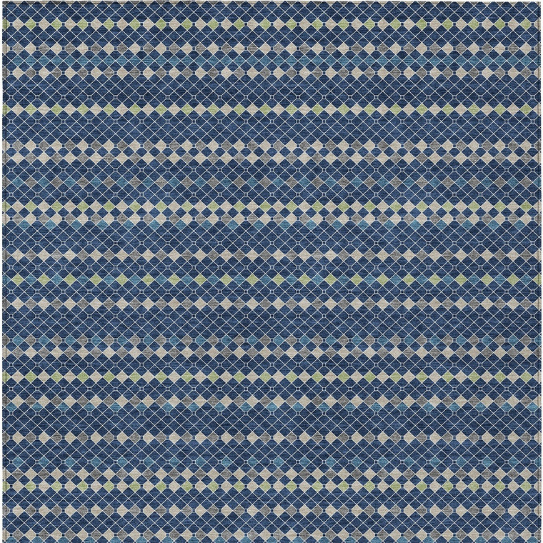 5' X 8' Navy Blue And Mint Green Striped Washable Indoor Outdoor Area Rug