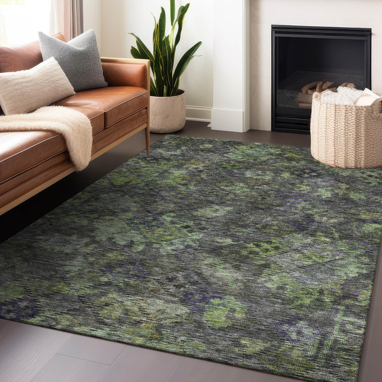 5' X 8' Green Charcoal And Black Floral Washable Indoor Outdoor Area Rug