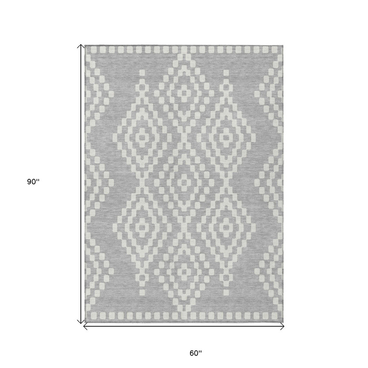 5' X 8' Silver And Ivory Geometric Washable Indoor Outdoor Area Rug - 608219343675