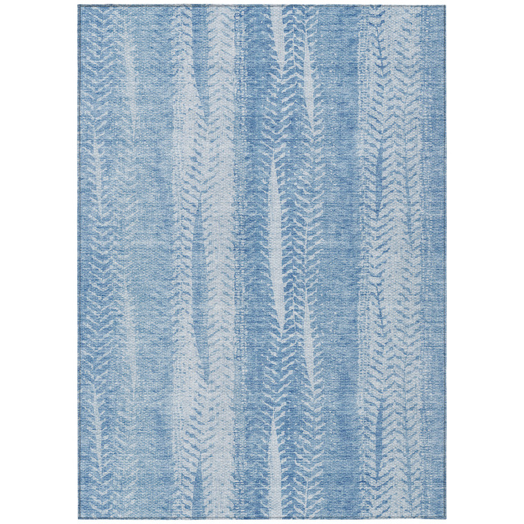 5' X 8' Sky Blue And Denim Blue Botanical Leaves Washable Indoor Outdoor Area Rug