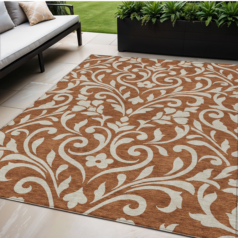 5' X 8' Brown And Beige Floral Washable Indoor Outdoor Area Rug
