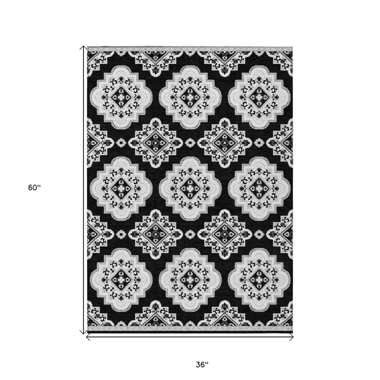 3' X 5' Black And Ivory Medallion Washable Indoor Outdoor Area Rug - Black, Ivory