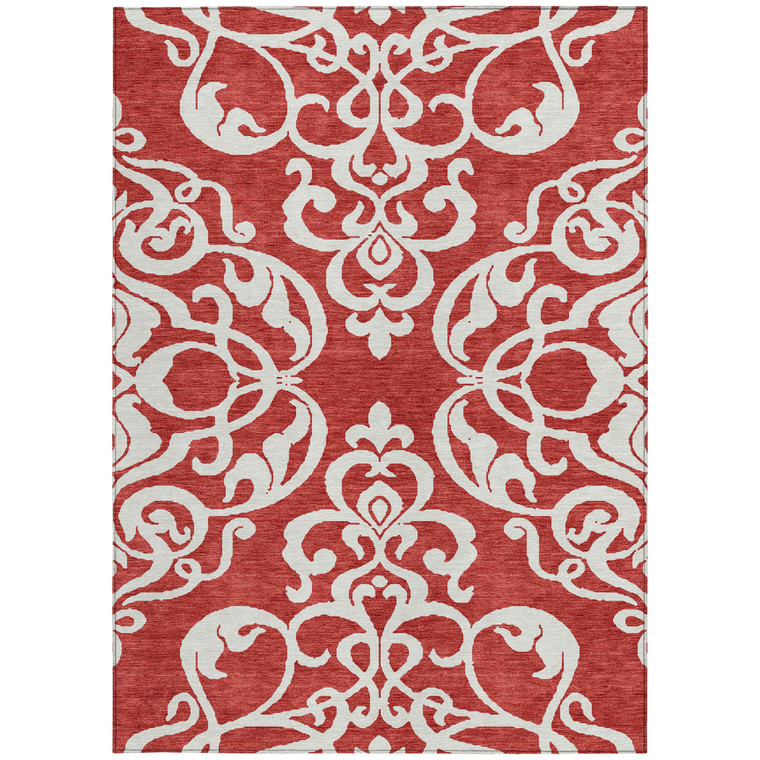 5' X 8' Red And Ivory Damask Washable Indoor Outdoor Area Rug - Red, Ivory